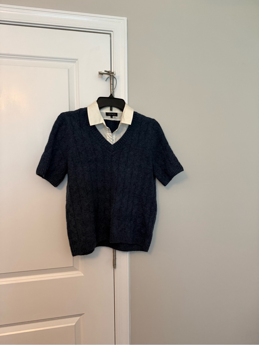 1. State Women’s Navy Cable Knit V-Neck Short Sleeve Sweater